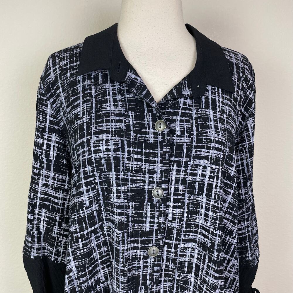Ali Miles Black White Hash Tag Stripe Ruched Sleeve Artsy Top XL - Picture 3 of 9